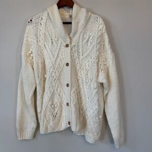 Carriage Court Sport Cardigan Womens XL Cream Vintage Chunky Cable Knit Bobble